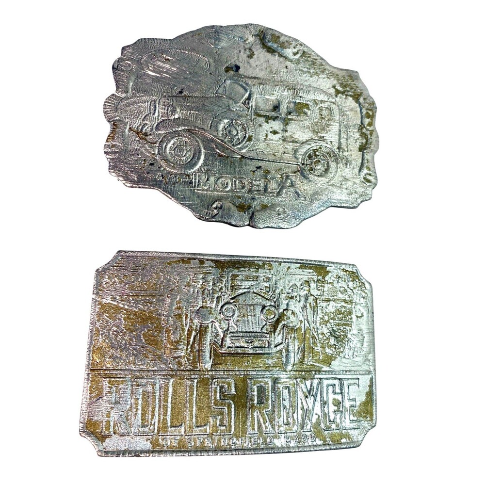 Vintage Car Belt Buckle Lot of 2 Rolls Royce Model A Brass w Silvertone Overlay